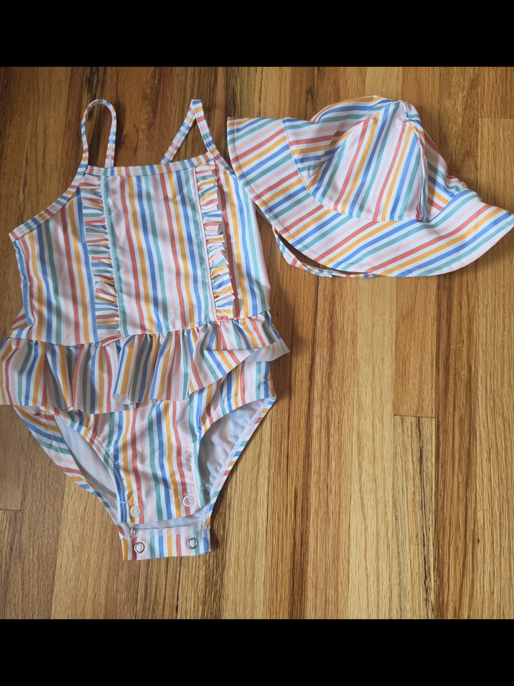 First Impressions Girls Multi-Color Striped One-Piece Swimsuit with Hat